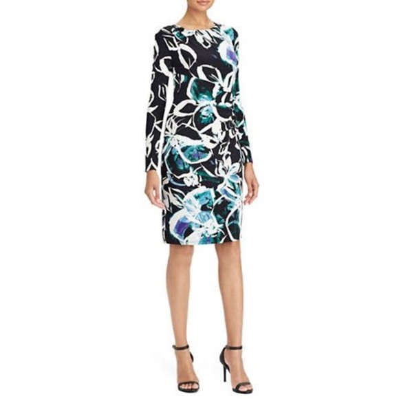 Lauren Ralph Lauren Dresses & Skirts - Ralph Lauren 8 LRL Stretchy Ruched Black Floral Long Sleeve Dress Knee Length